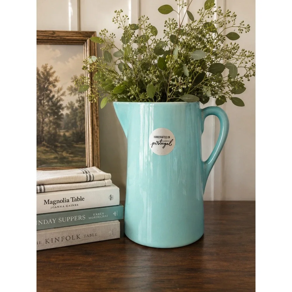 FP Home Turquoise Ceramic Pitcher Handcrafted in Portugal Aqua Carafe 8in